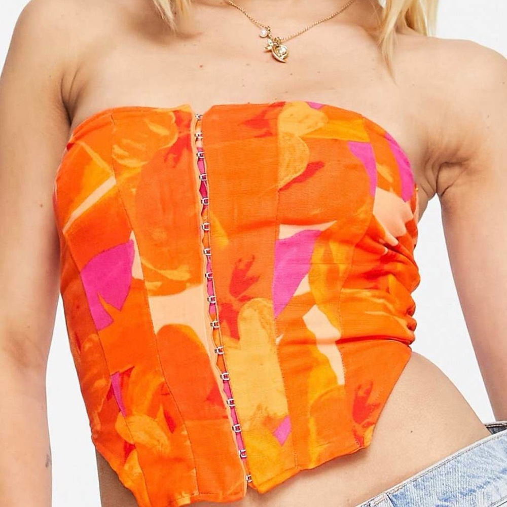 Stradivarius Corset Top Bold Abstract Print Orange Pink strapless Size Large NWT